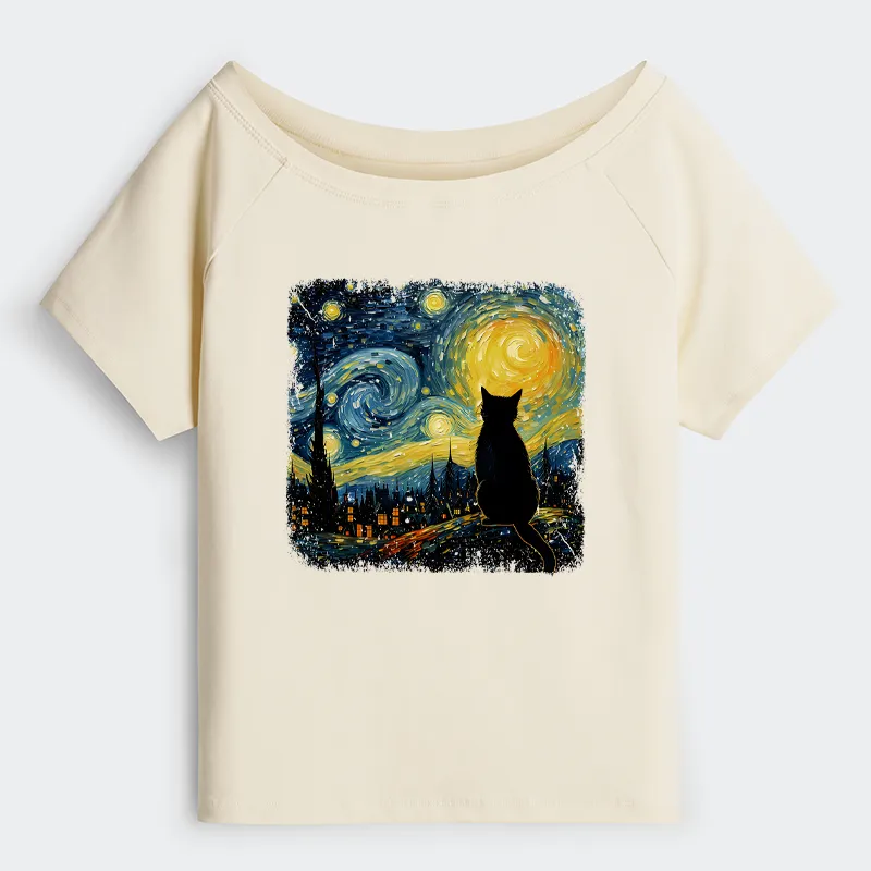 Tokyo-Tiger The Starry Night Cat Off Shoulder T-Shirt