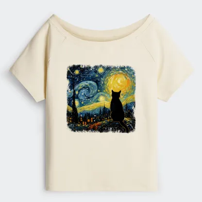 Tokyo-Tiger The Starry Night Cat Off Shoulder T-Shirt
