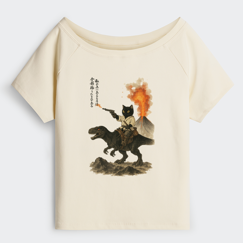 Tokyo-Tiger Cat Riding A Dinosaur Off Shoulder T-Shirt