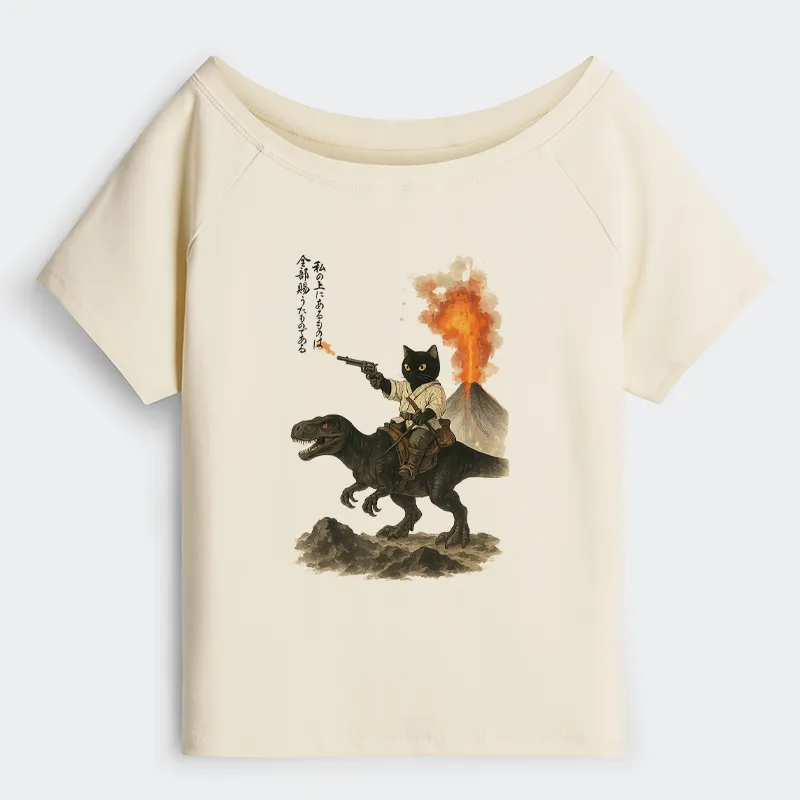 Tokyo-Tiger Cat Riding A Dinosaur Off Shoulder T-Shirt