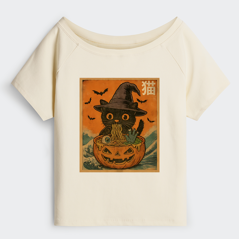Tokyo-Tiger Halloween Cat Eating Ramen Off Shoulder T-Shirt