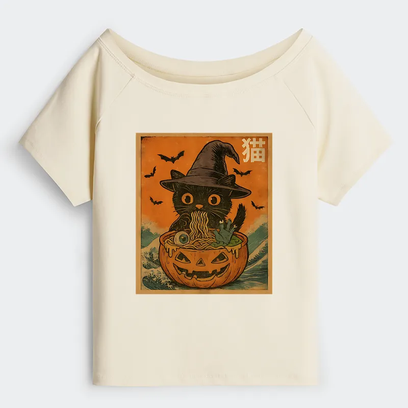 Tokyo-Tiger Halloween Cat Eating Ramen Off Shoulder T-Shirt