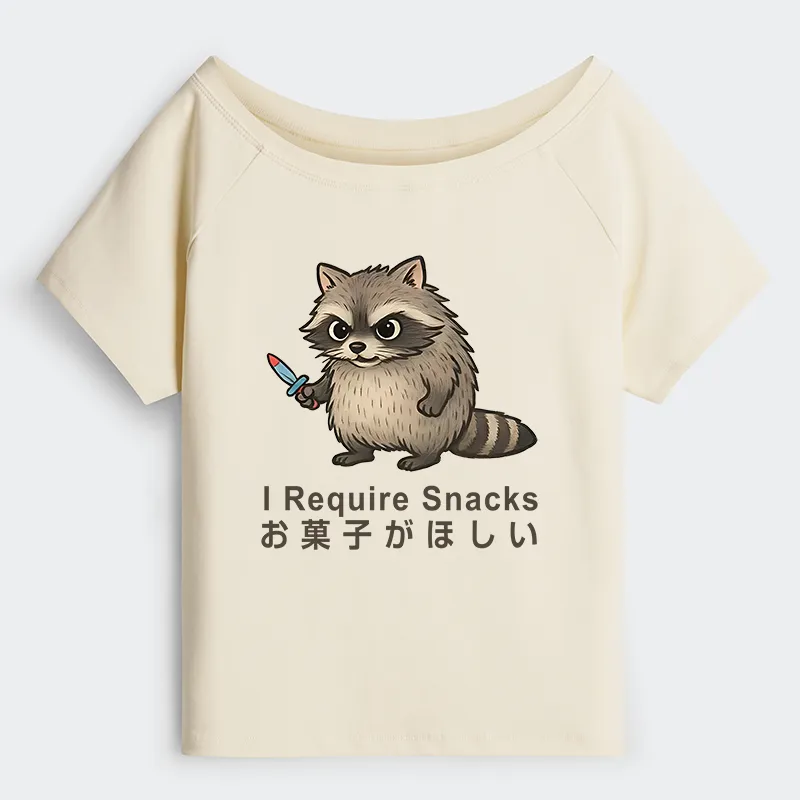 Tokyo-Tiger Raccoons Need Snacks Funny Off Shoulder T-Shirt
