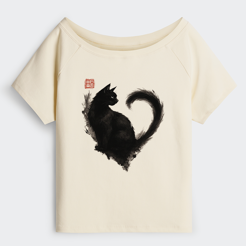 Tokyo-Tiger Funny Heart-Shaped Ink Off Shoulder T-Shirt