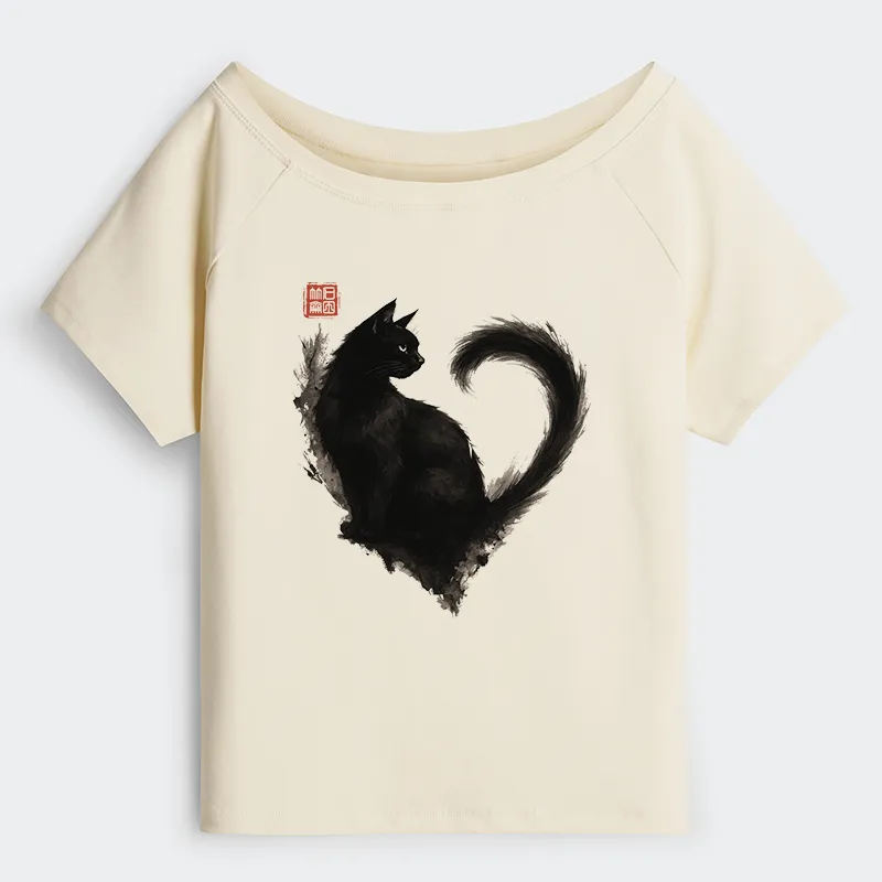 Tokyo-Tiger Funny Heart-Shaped Ink Off Shoulder T-Shirt