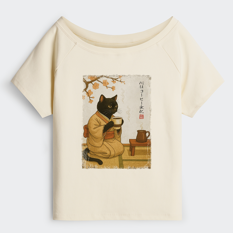 Tokyo-Tiger Cat Heart Full Of Coffee Off Shoulder T-Shirt