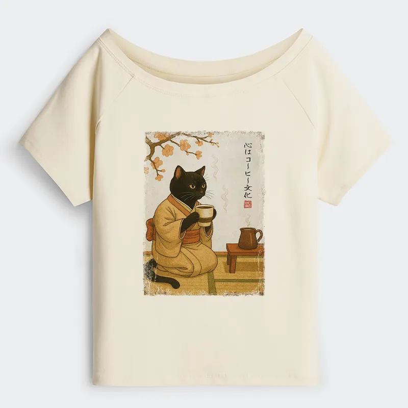 Tokyo-Tiger Cat Heart Full Of Coffee Off Shoulder T-Shirt