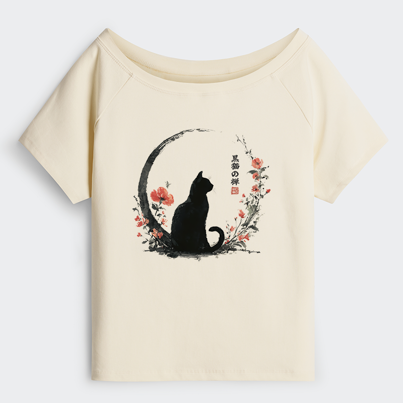 okyo-Tiger Black Cat And Flowers Off Shoulder T-Shirt