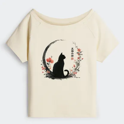 okyo-Tiger Black Cat And Flowers Off Shoulder T-Shirt