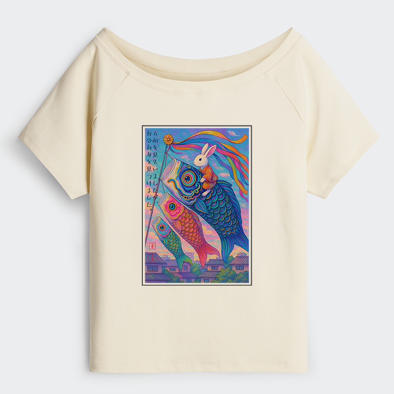 Tokyo-Tiger Ukiyoe Rabbit Ride Carp Streamer Poster Off Shoulder T-Shirt