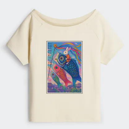 Tokyo-Tiger Ukiyoe Rabbit Ride Carp Streamer Poster Off Shoulder T-Shirt
