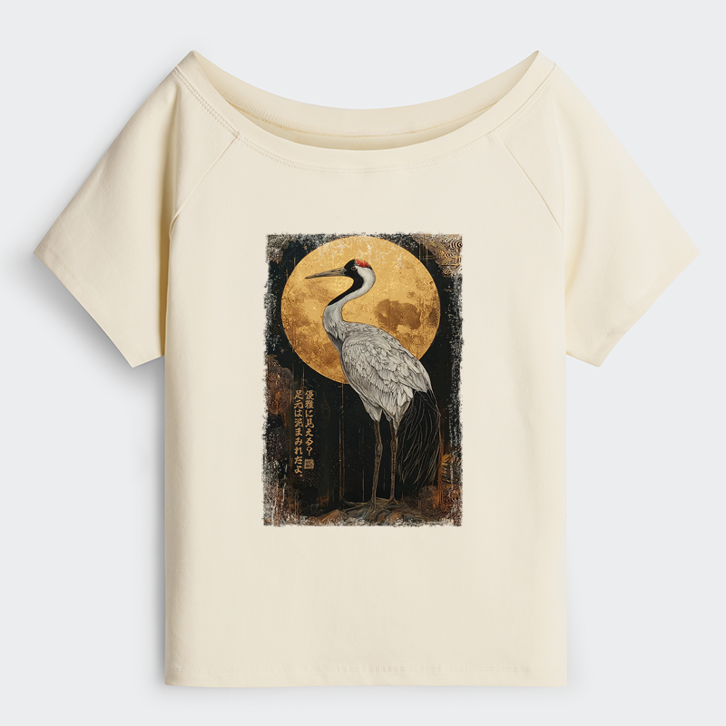 Tokyo-Tiger Vintage Japanese Crane Kanji Off Shoulder T-Shirt
