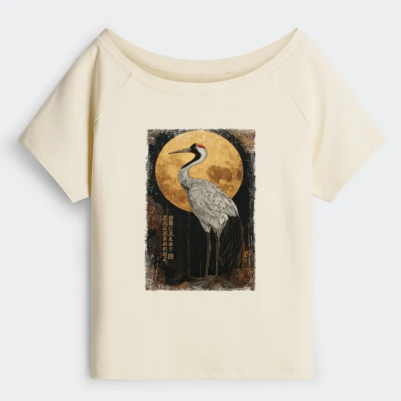Tokyo-Tiger Vintage Japanese Crane Kanji Off Shoulder T-Shirt