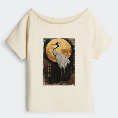 Tokyo-Tiger Vintage Japanese Crane Kanji Off Shoulder T-Shirt