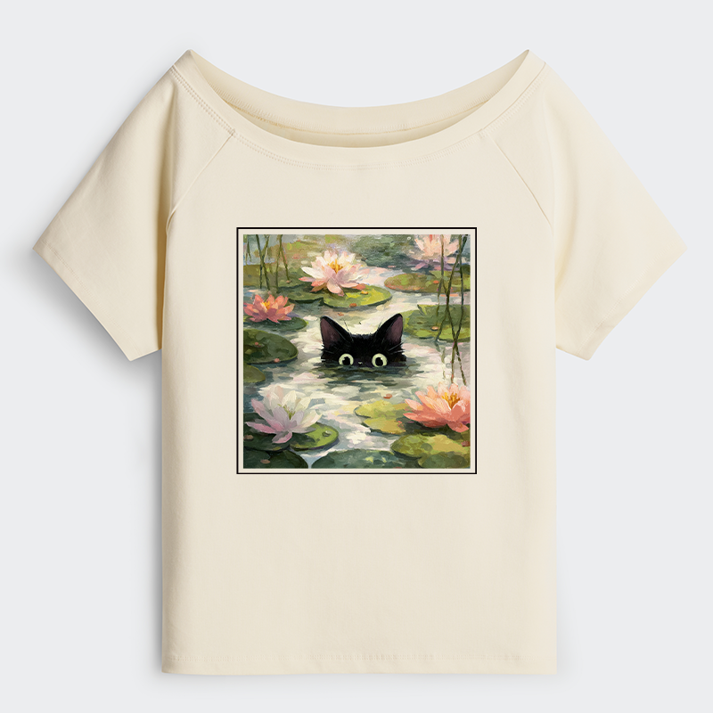 Tokyo-Tiger Black Cat and Lotus Flower Off Shoulder T-Shirt