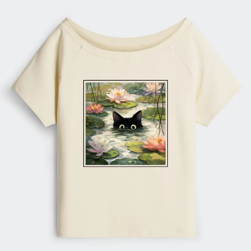 Tokyo-Tiger Black Cat and Lotus Flower Off Shoulder T-Shirt