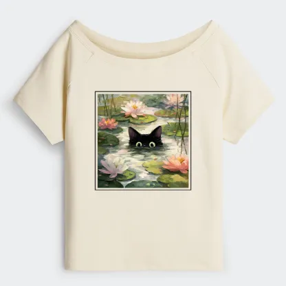 Tokyo-Tiger Black Cat and Lotus Flower Off Shoulder T-Shirt