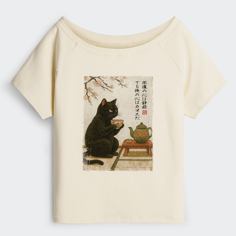 Tokyo-Tiger Tea Time With A Black Cat Off Shoulder T-Shirt