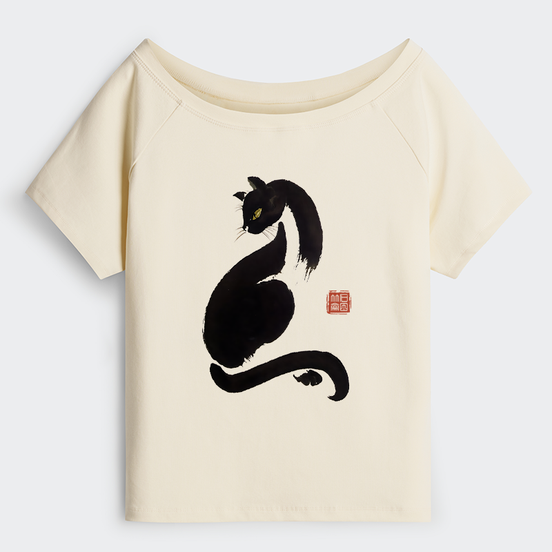 Tokyo-Tiger Elegant Black Cat Japan Off Shoulder T-Shirt