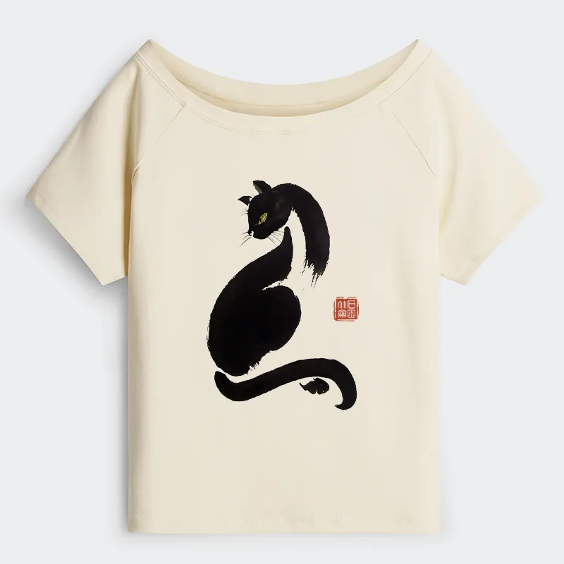 Tokyo-Tiger Elegant Black Cat Japan Off Shoulder T-Shirt