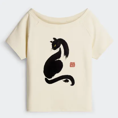 Tokyo-Tiger Elegant Black Cat Japan Off Shoulder T-Shirt