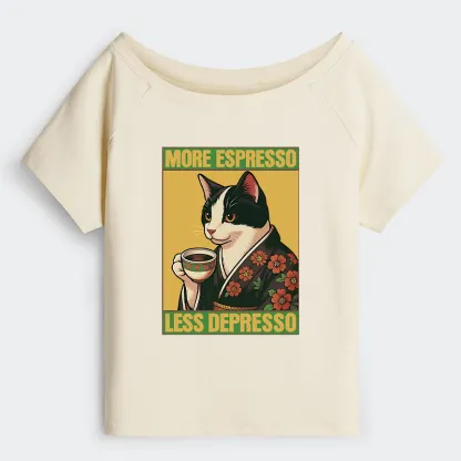 Tokyo-Tiger Tuxedo Cat Drinking Coffee Off Shoulder T-Shirt