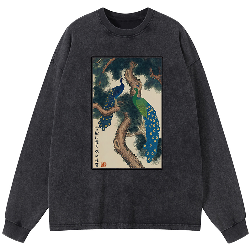 Tokyo-Tiger Peacocks in Snowy Pines Washed Long Sleeve T-Shirt