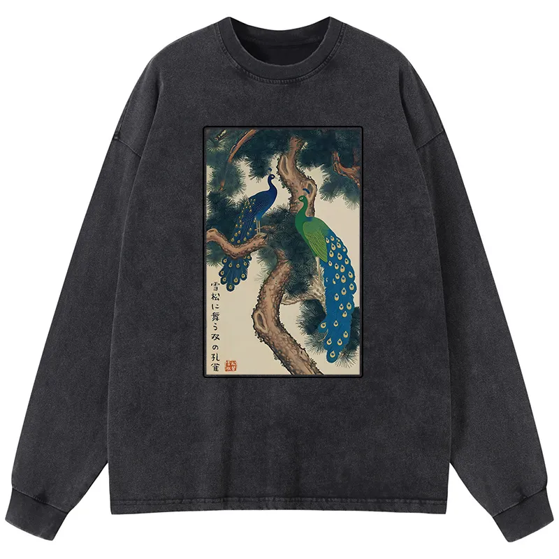 Tokyo-Tiger Peacocks in Snowy Pines Washed Long Sleeve T-Shirt
