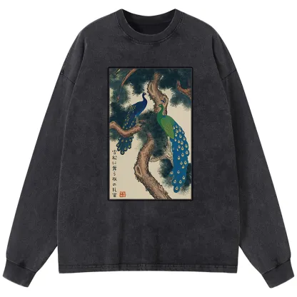 Tokyo-Tiger Peacocks in Snowy Pines Washed Long Sleeve T-Shirt