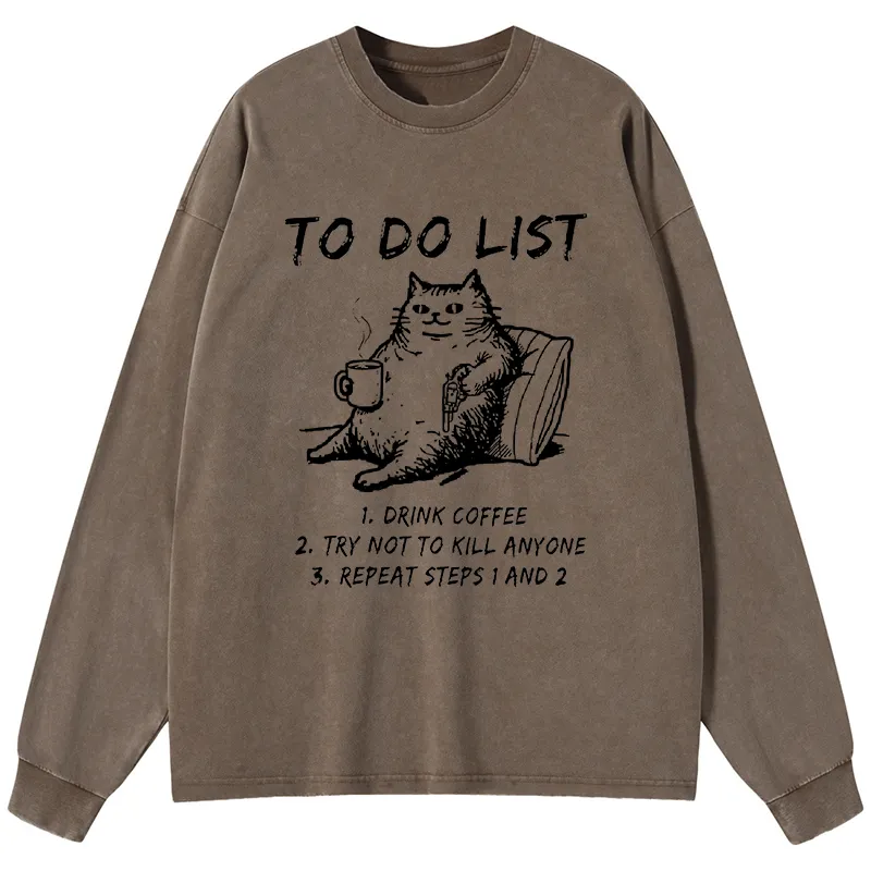 Tokyo-Tiger Cat's To-Do List Washed Long Sleeve T-Shirt