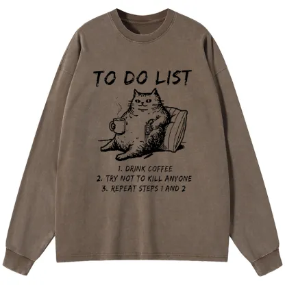 Tokyo-Tiger Cat's To-Do List Washed Long Sleeve T-Shirt