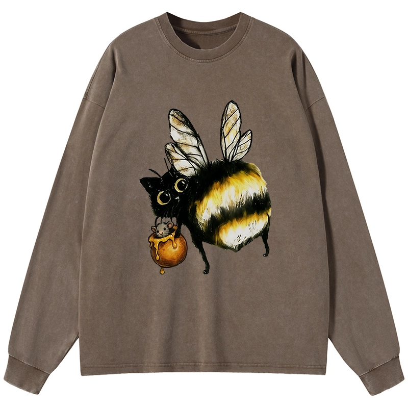 Tokyo-Tiger Cute Catbee Butt Washed Long Sleeve T-Shirt