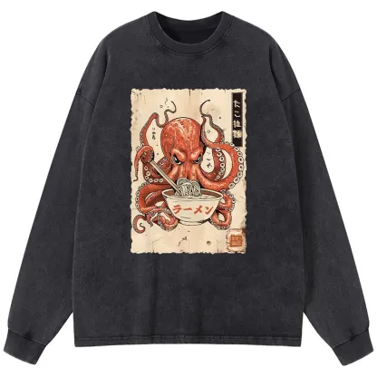 Tokyo-Tiger Retro Octopus Eating Ramen Washed Long Sleeve T-Shirt