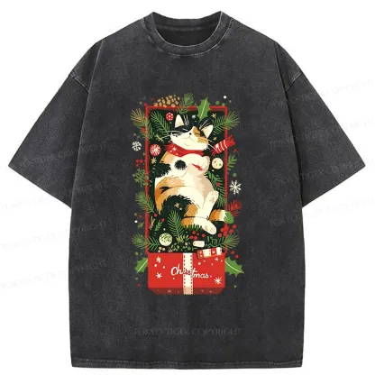 Tokyo-Tiger Christmas Gift Cat Washed T-Shirt