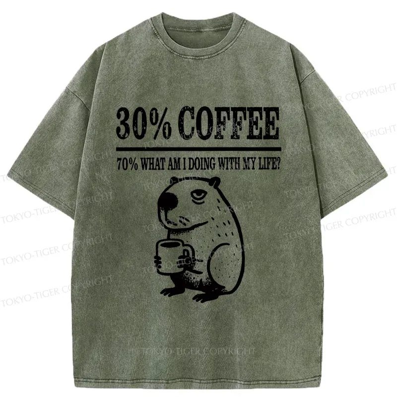 Tokyo-Tiger Capybara Drinking Coffee Washed T-Shirt Sale