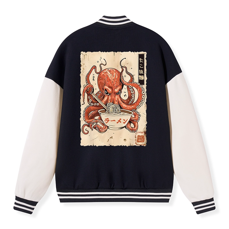 Tokyo-Tiger Retro Octopus Eating Ramen Varsity Jacket