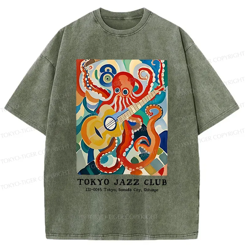 Tokyo-Tiger Japanese Octopus Playing Guitar Washed T-Shirt Sale