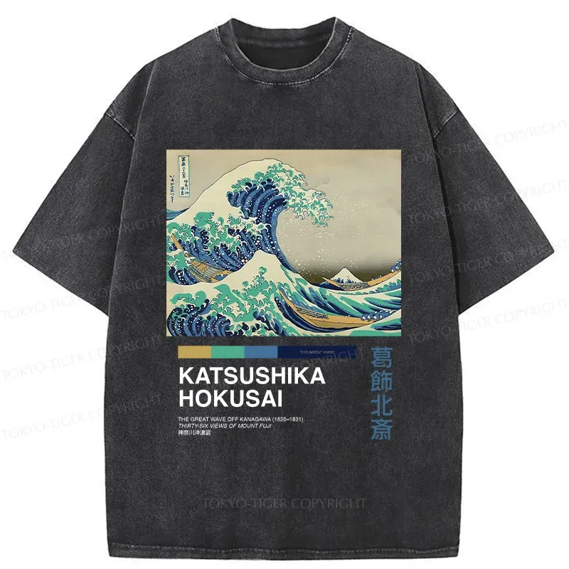 Tokyo-Tiger Japanese Ukiyo-e Waves Washed T-Shirt