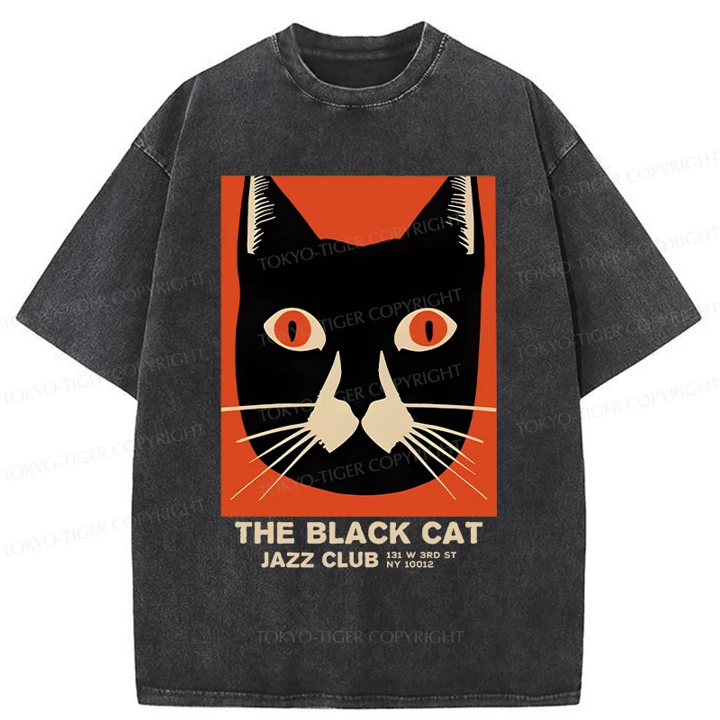 Tokyo-Tiger Minimalist Black Cat Washed T-Shirt