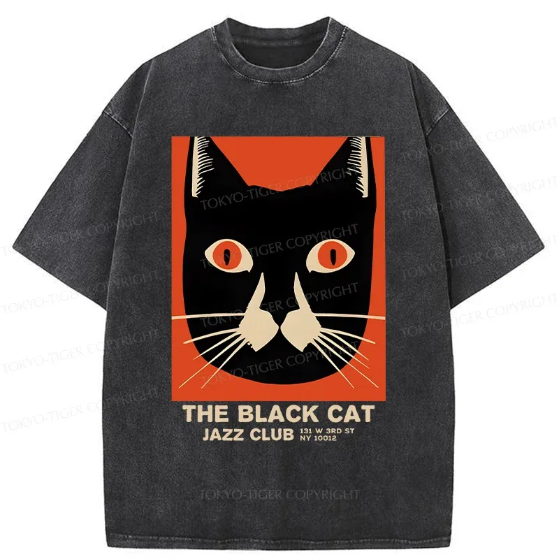 Tokyo-Tiger Minimalist Black Cat Washed T-Shirt