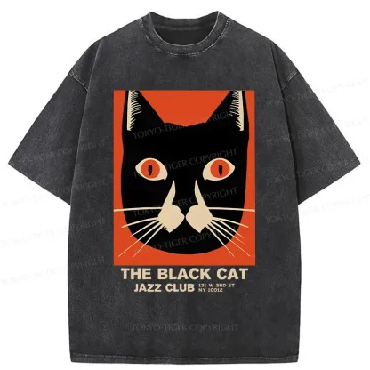 Tokyo-Tiger Minimalist Black Cat Washed T-Shirt