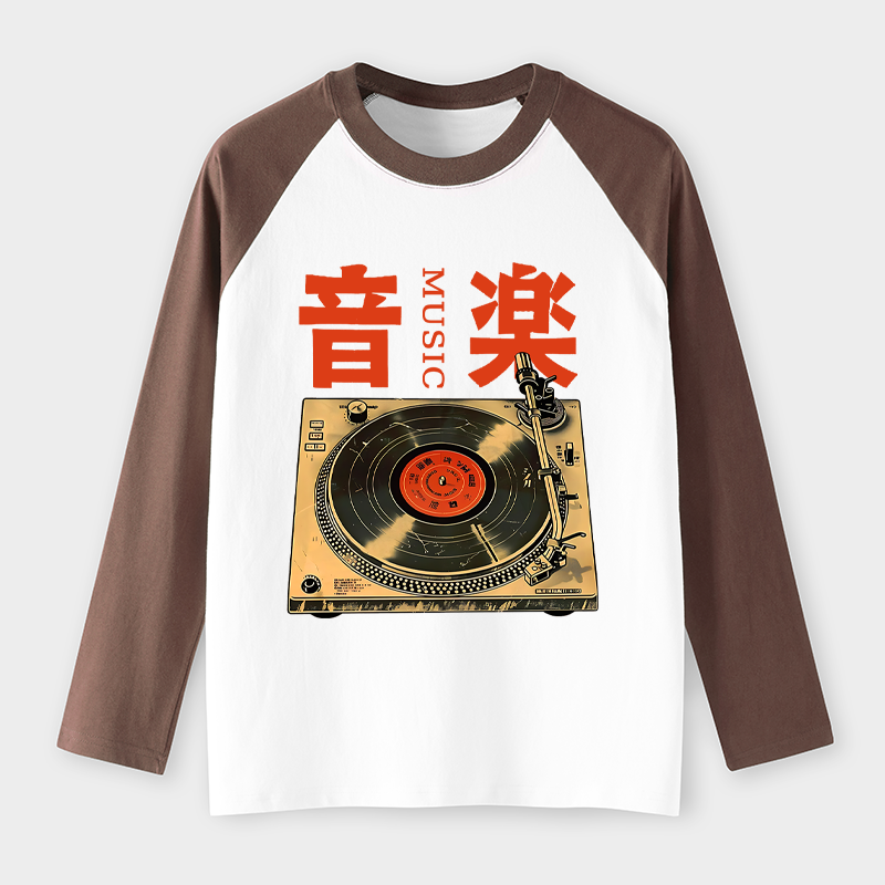 Tokyo-Tiger Retro Music Record Player Raglan Long Sleeve T-shirt