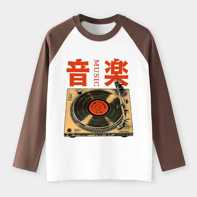 Tokyo-Tiger Retro Music Record Player Raglan Long Sleeve T-shirt