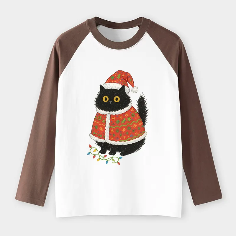 Tokyo-Tiger Cat Wearing Santa Hat Raglan Long Sleeve T-shirt