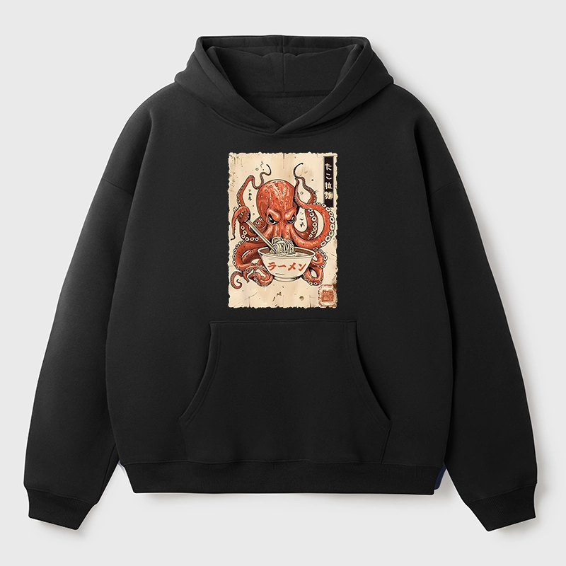 Tokyo-Tiger Retro Octopus Eating Ramen Aldult Fleece Hoodie