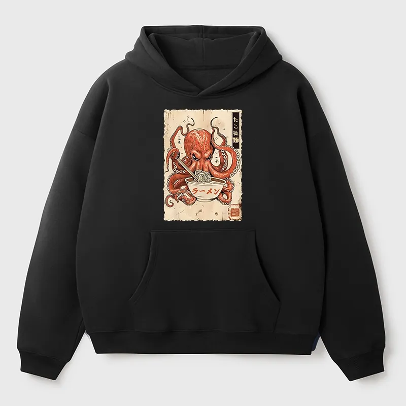 Tokyo-Tiger Retro Octopus Eating Ramen Aldult Fleece Hoodie