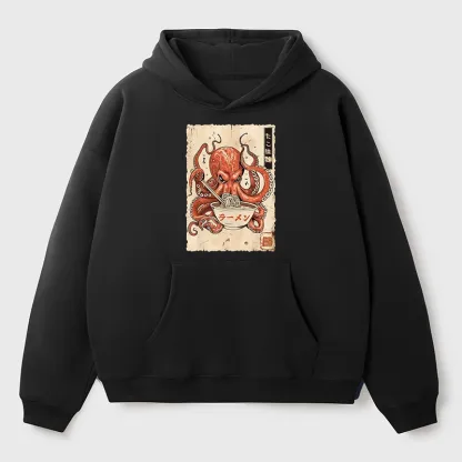 Tokyo-Tiger Retro Octopus Eating Ramen Aldult Fleece Hoodie