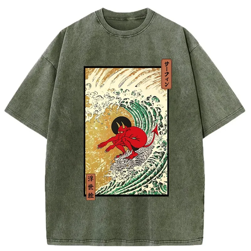 Tokyo-Tiger Surfing Demon Washed T-Shirt