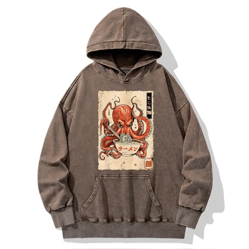Tokyo-Tiger Retro Octopus Eating Ramen Washed Hoodie