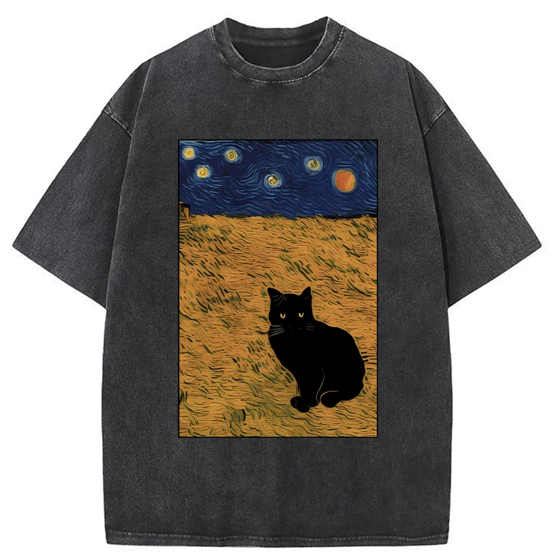 Tokyo-Tiger Cat In The Field Under Starry Sky Washed T-Shirt